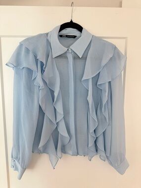 Zara Pale Blue Ruffle Sheer Button-Front Blouse